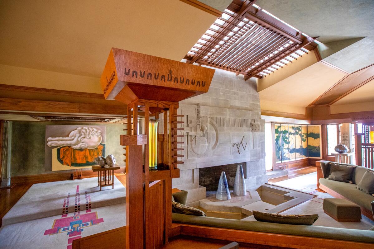 The interior of the Hollyhock House, including Wright's bas-relief hearth