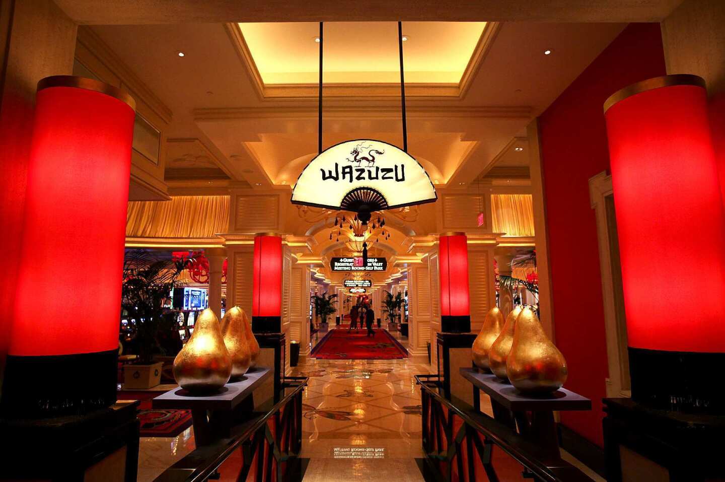Golden-colored pears adorn the casino entrance to Wazuzu, an Asian restaurant inside Las Vegas' Encore, that features vegan dishes on the menu. In fact, vegans visiting Las Vegas now have some tasty dining options at the Encore and Wynn resorts.