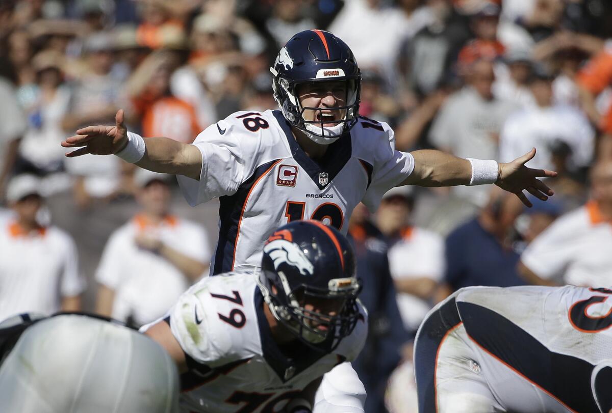 Denver quarterback Peyton Manning gestures during a game against Oakland on Oct. 11.