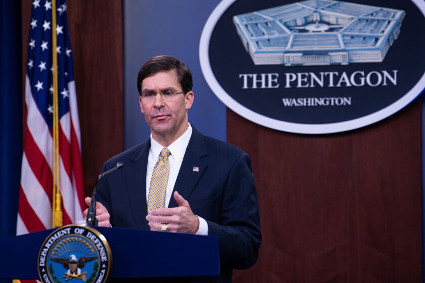 U.S. Secretary of Defense Dr. Mark T. Esper speaks to the press during a press conference at the Pentagon Briefing Room in Washington, D.C., Jan. 7, 2020. (DoD photo by U.S. Army Staff Sgt. Nicole Mejia)