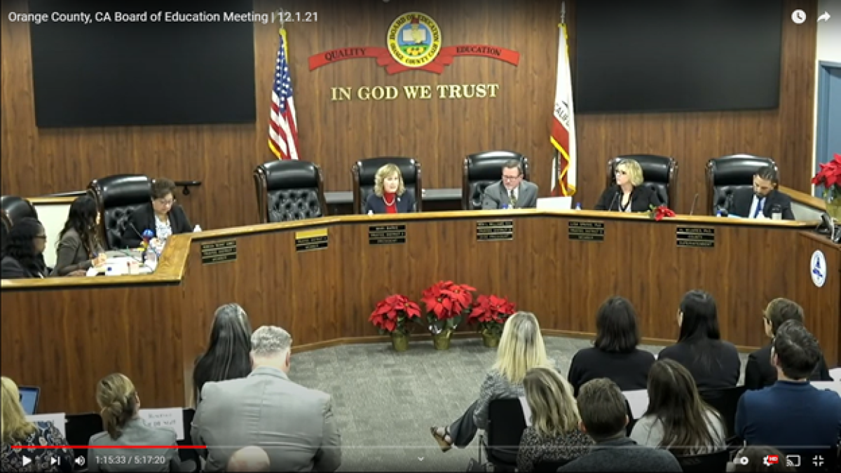 Members of the Orange County Board of Education at a Dec. 1 regular meeting.