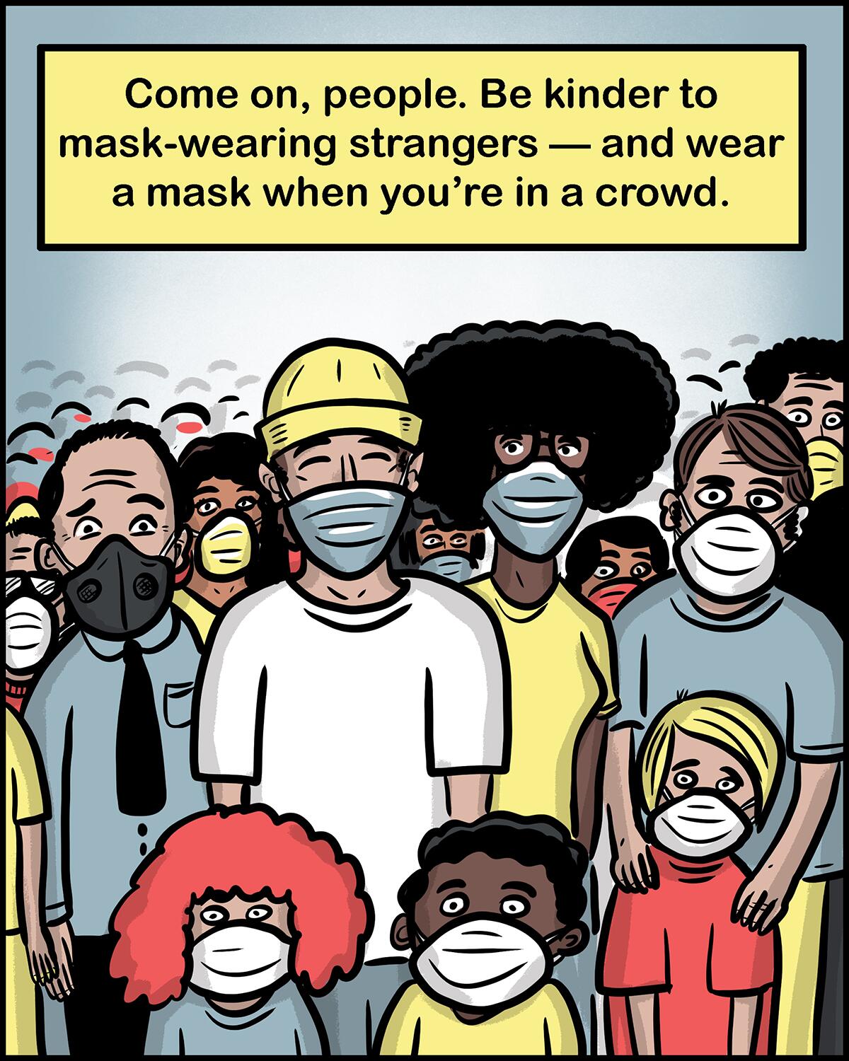 A crowd of people of all ages wears masks. 