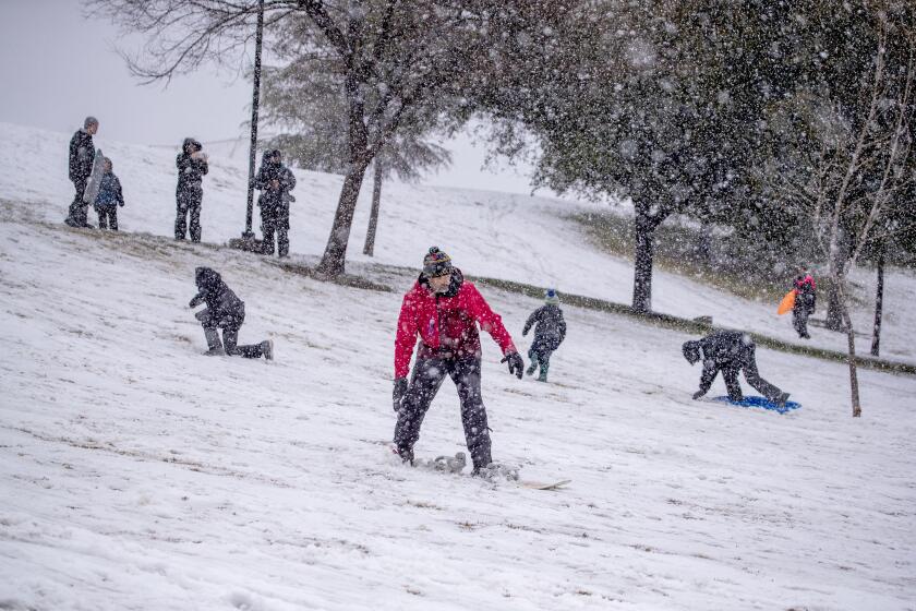 Yucaipa, CA - February 23: People snowboard and sled down a hill as they revel in the rare sight of falling snow in Southern California at Yucaipa Community Park in Yucaipa Thursday, Feb. 23, 2023. The National Weather Service issued its first-ever blizzard warning for the San Bernardino County mountains, following a similar warning for Los Angeles and Ventura counties. Southern California has only gotten a taste of the powerful winter storm system that forecasters say will bring an extended period of cold temperatures, high winds and snow, prompting the region's first blizzard warning on record. (Allen J. Schaben / Los Angeles Times)