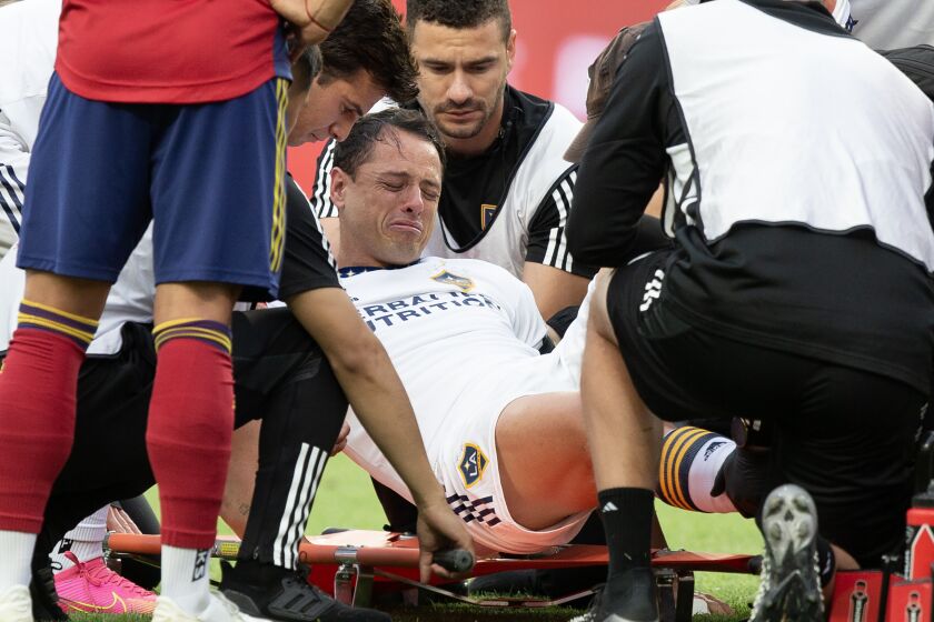 SANDY, UT- JUNE 7 : Javier Hernandez #14 of the Los Angeles Galaxy reacts while being loaded onto a stretcher after injuring his kneeduring the first half of the quarterfinals of the 2023 U.S. Open Cup against Real Salt Lake at America First Field June 07 , 2023 in Sandy, Utah.(Photo by Chris Gardner/Getty Images)