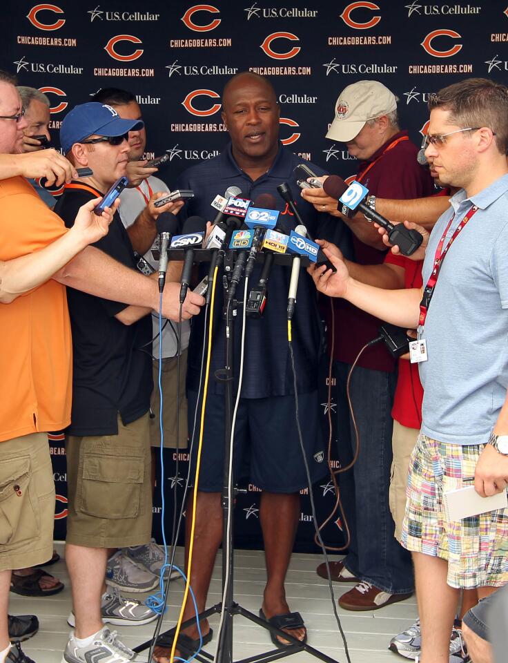 Bears coach Lovie Smith speaks to the media at training cap on July 28, 2010.
