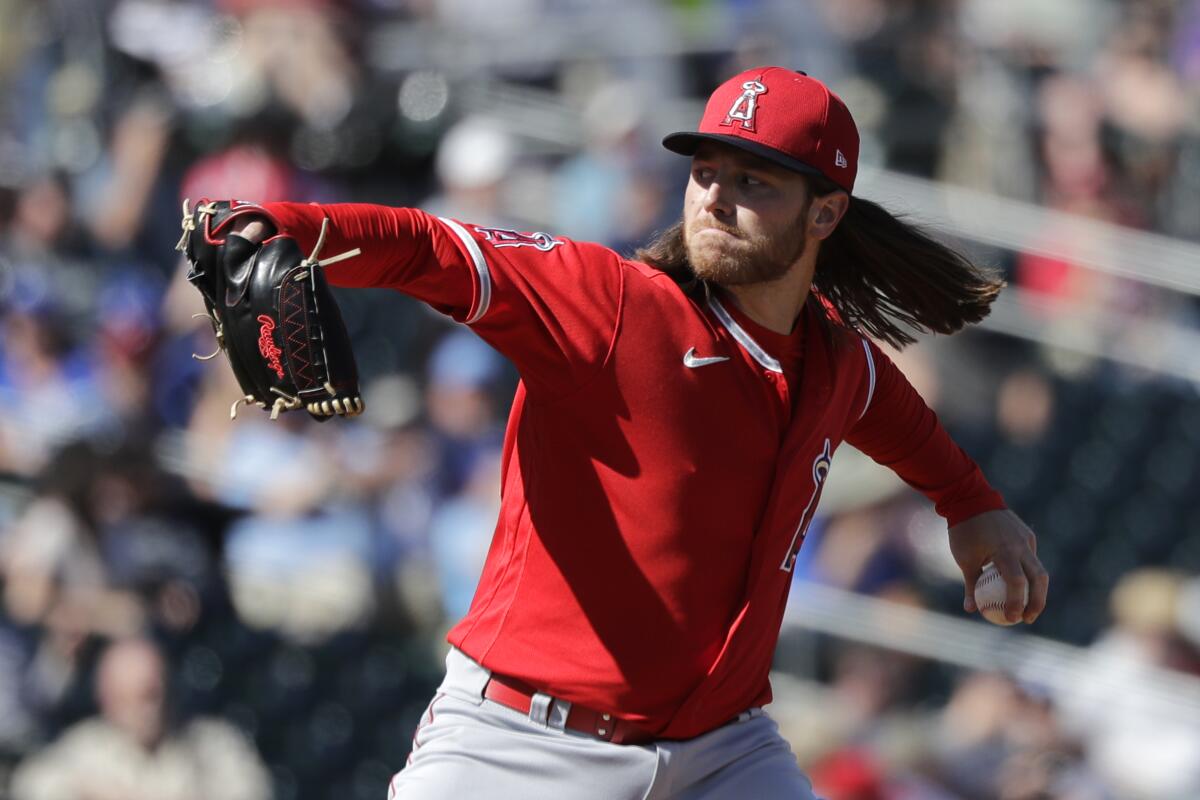 Left-hander Dillon Peters pitches in the Angels' 4-3 split-squad loss to the Royals on March 6, 2020, in Surprise, Ariz.
