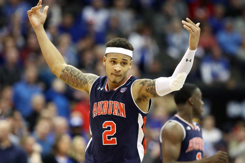 KANSAS CITY, MISSOURI - MARCH 31: Bryce Brown #2 of the Auburn Tigers reacts against the Kentucky Wildcats during the 2019 NCAA Basketball Tournament Midwest Regional at Sprint Center on March 31, 2019 in Kansas City, Missouri. (Photo by Christian Petersen/Getty Images) ** OUTS - ELSENT, FPG, CM - OUTS * NM, PH, VA if sourced by CT, LA or MoD **