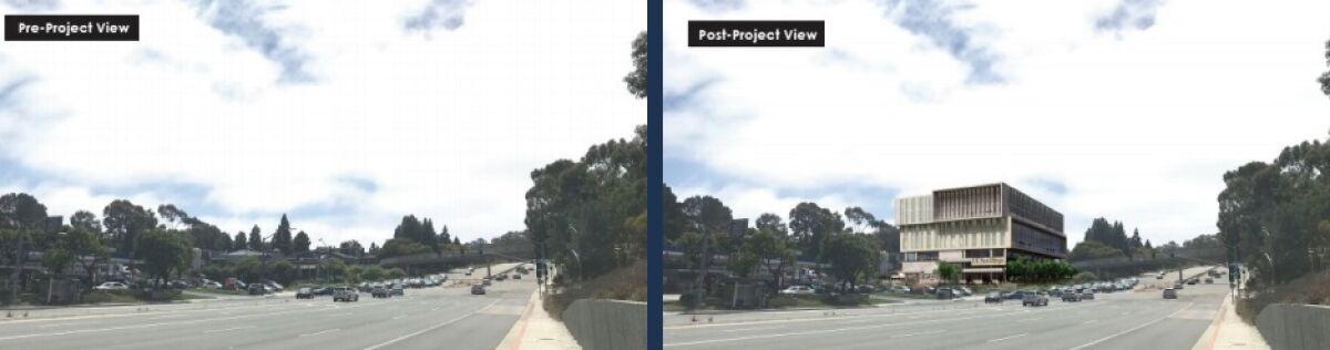 A before-and-after rendering of UC San Diego's planned La Jolla Innovation Center, as seen from La Jolla Village Drive.