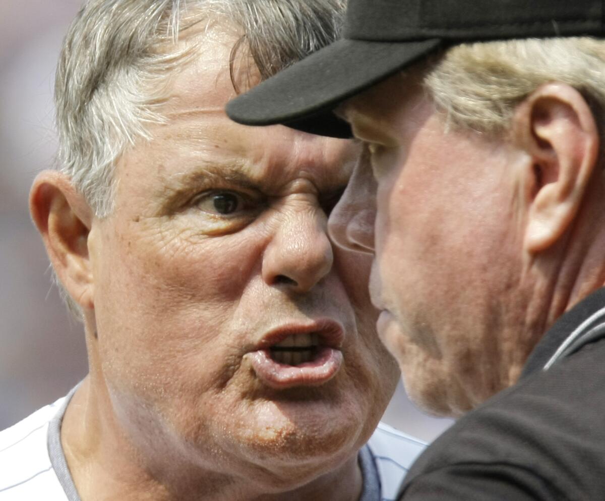 Face of the past? Former Yankees-Reds-Mariners-Devil Rays-Cubs Manager Lou Piniella, seen here jawing with umpire Brian Gorman, was an outstanding verbal brawler.