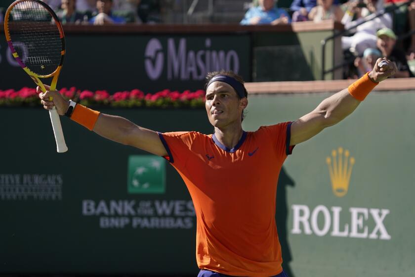 Rafael Nadal, of Spain, celebrates after defeating Reilly Opelka at the BNP Paribas Open tennis tournament Wednesday, March 16, 2022, in Indian Wells, Calif. (AP Photo/Mark J. Terrill)