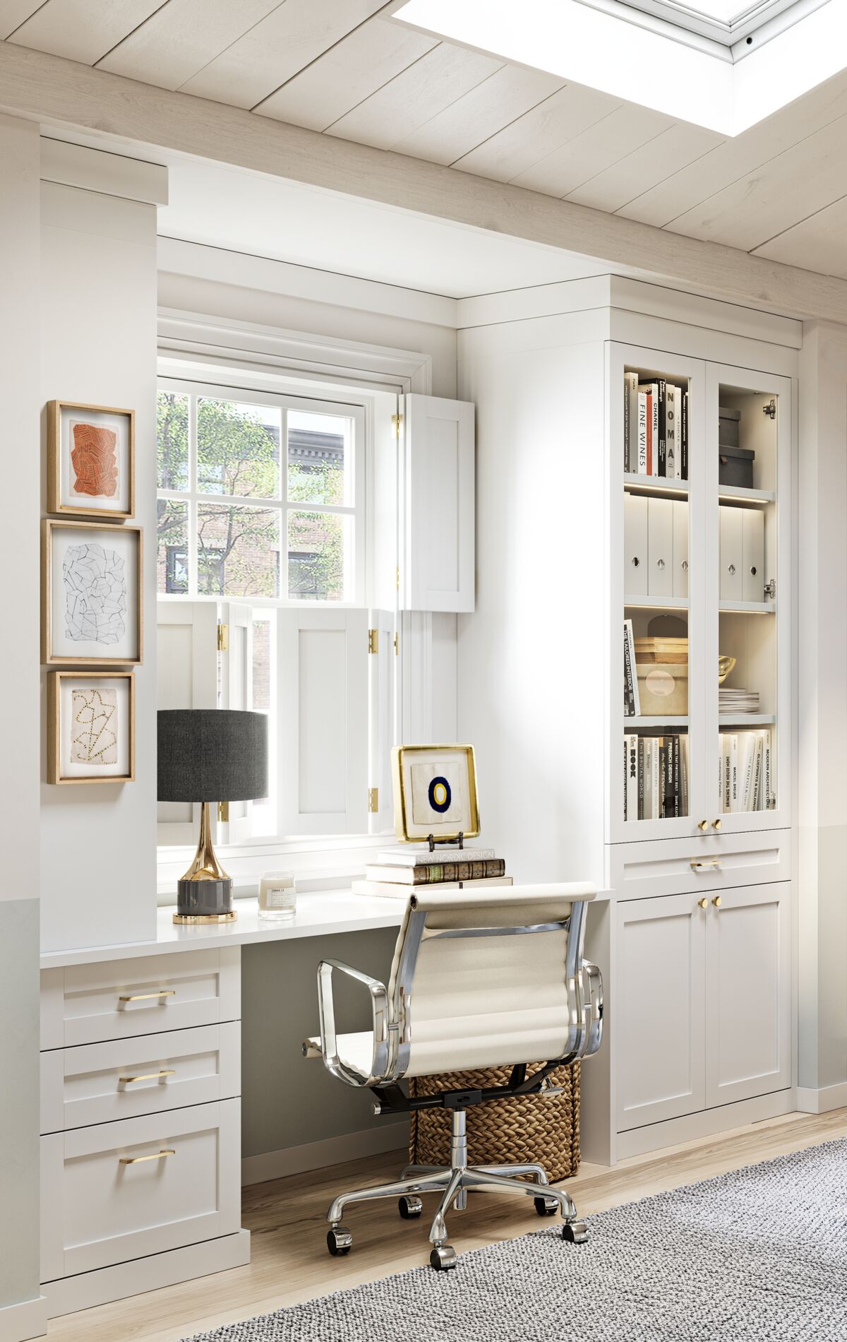 Natural light and a stylish glass cabinet are part of a home office solution from California Closets.