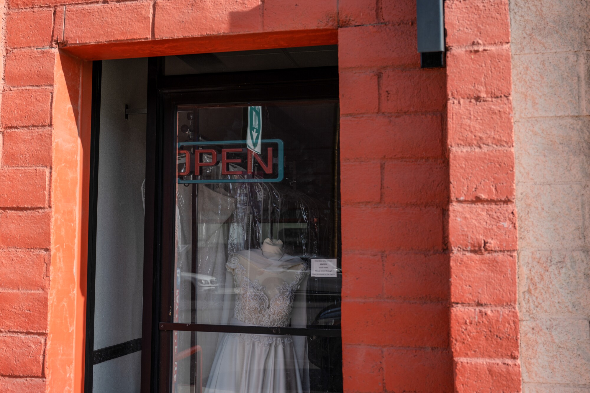 A wedding dress is on display.