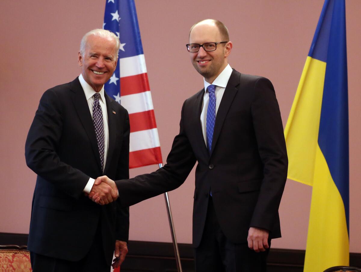 Vice President Joe Biden meets with Ukraine's acting prime minister, Arseny Yatsenyuk, in Kiev on Tuesday.