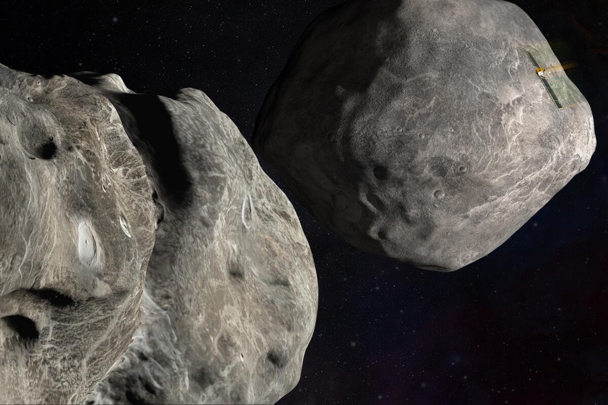 An illustration depicts NASA's DART probe on course to impact the asteroid Dimorphos, near another asteroid. 