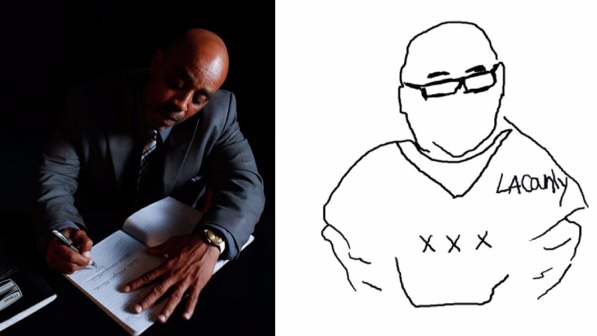 Donnell Alexander with his notebook, and a sketch of Lonnie Franklin