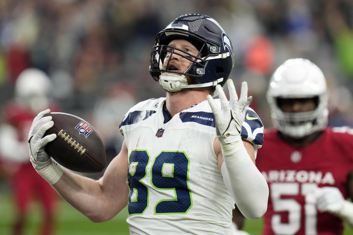 Seattle Seahawks tight end Will Dissly celebrates his touchdown catch against the Arizona Cardinals in January.