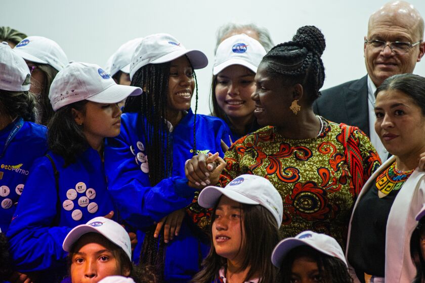 Colombia's vice-president takes a picture with the 35 female children that will visit NASA space center as part of the 'She's an Astronaut Program' event in Bogota, Colombia on August 19, 2022. 35 Colombian girls from 21 departments of Colombia will travel to NASA Space Center as part of the second mission on the program. (Photo by: Chepa Beltran/Long Visual Press/Unniversal Images Group via Getty Images)