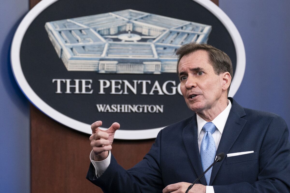 Pentagon spokesman John Kirby speaks during a media briefing at the Pentagon, Tuesday, Jan. 4, 2022, in Washington. (AP Photo/Alex Brandon)