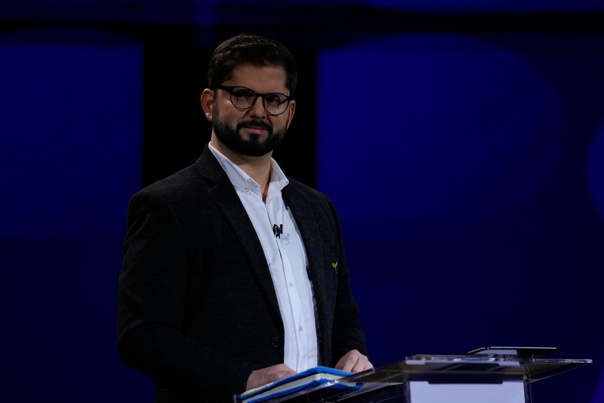 Chilean presidential candidate Gabriel Boric is seen before a televised debate at TVN in Santiago, on November 15, 2021. 