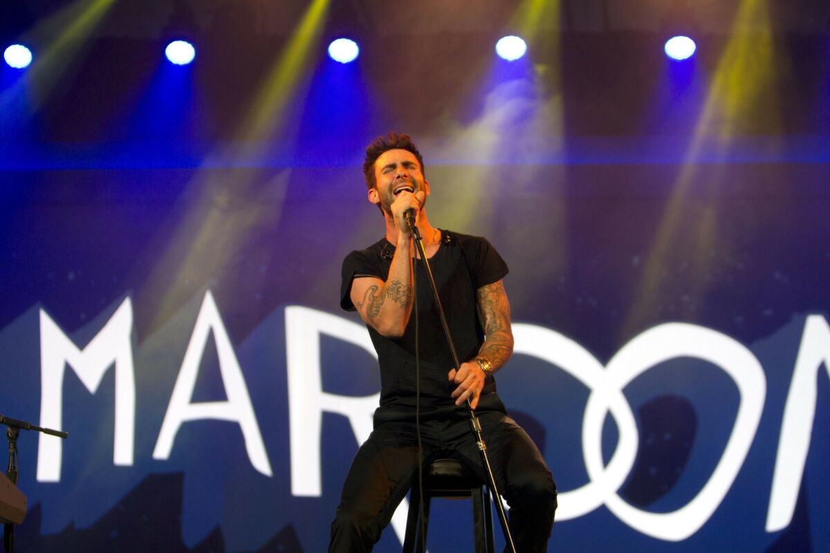 Adam Levine of Maroon 5 is shown on stage in San Diego, where he and his band will open their 2020 North American tour with a May concert.