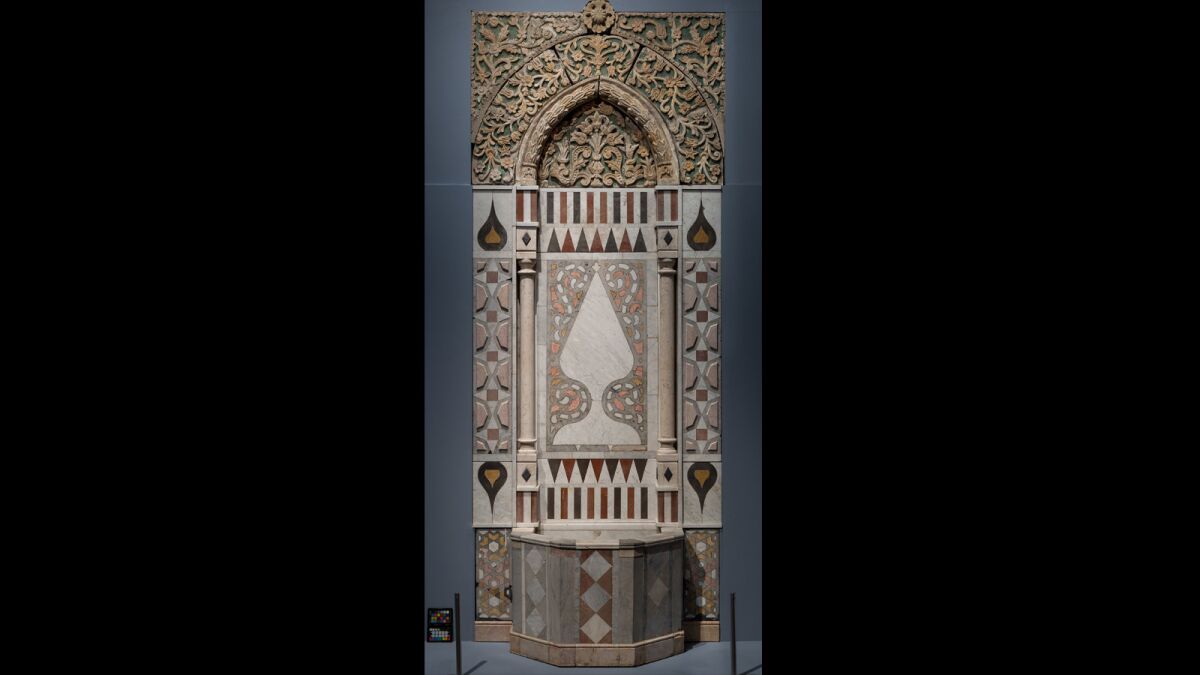 This elaborate fountain, made from carved and painted limestone and marble, would have served as the focal point of a reception room in an 18th century home in Damascus.