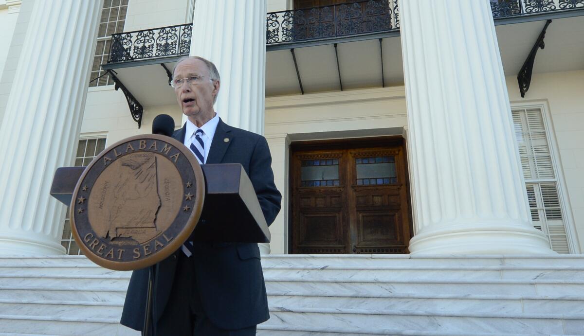 Alabama Gov. Robert Bentley speaks outside the Capitol building in Montgomery on April 7, 2017.