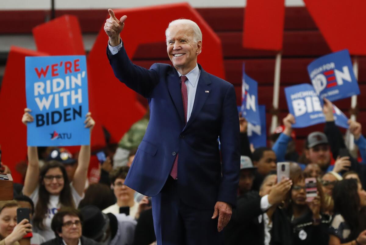 Democratic presidential candidate former Vice President Joe Biden speaks during a campaign rally last month in Detroit.