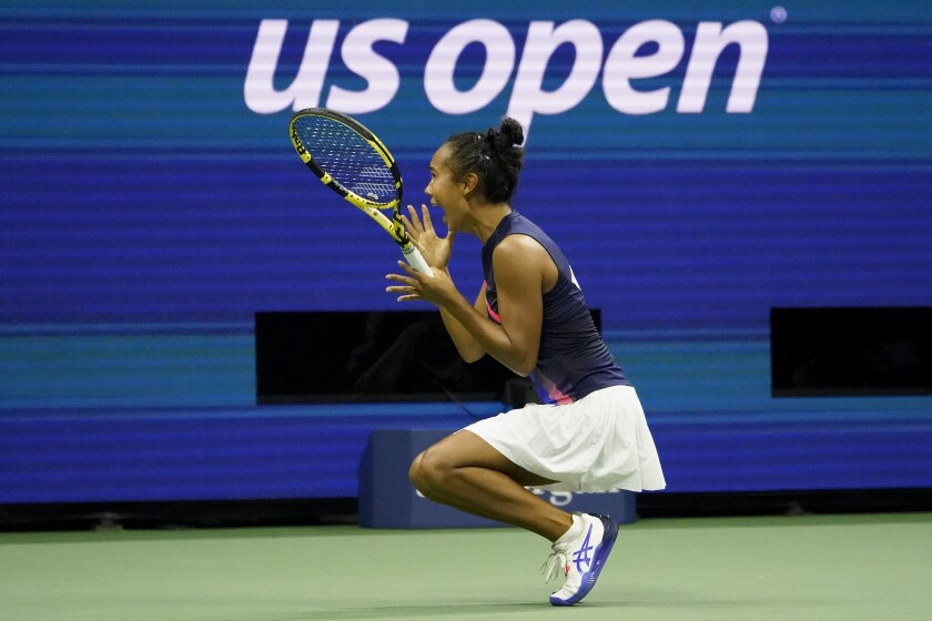 Leylah Fernandez, of Canada, reacts after defeating Aryna Sabalenka,of Belarus.