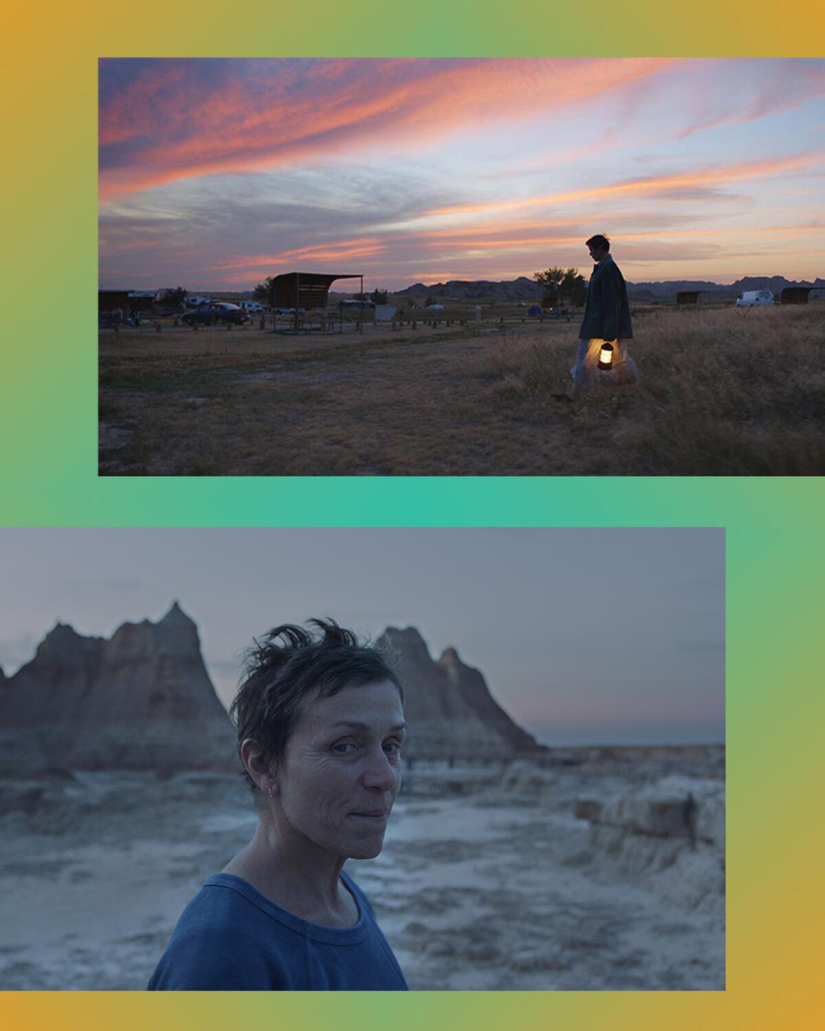 Frances McDormand holds a lantern while walking.