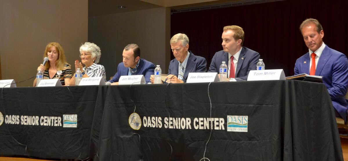 Candidates Robyn Grant, from left, Joy Brenner, Erik Weigand, Jim Mosher, Joe Stapleton and Tom Miller.