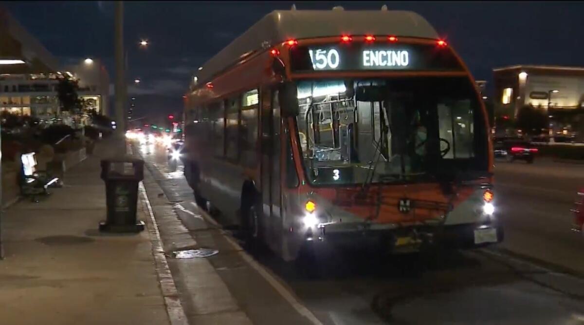 A Metro bus makes its way through Encino at night.