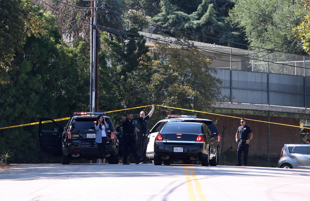 A scene of the police activity near Chris Brown's house in Tarzana, before the singer was taken into custody.