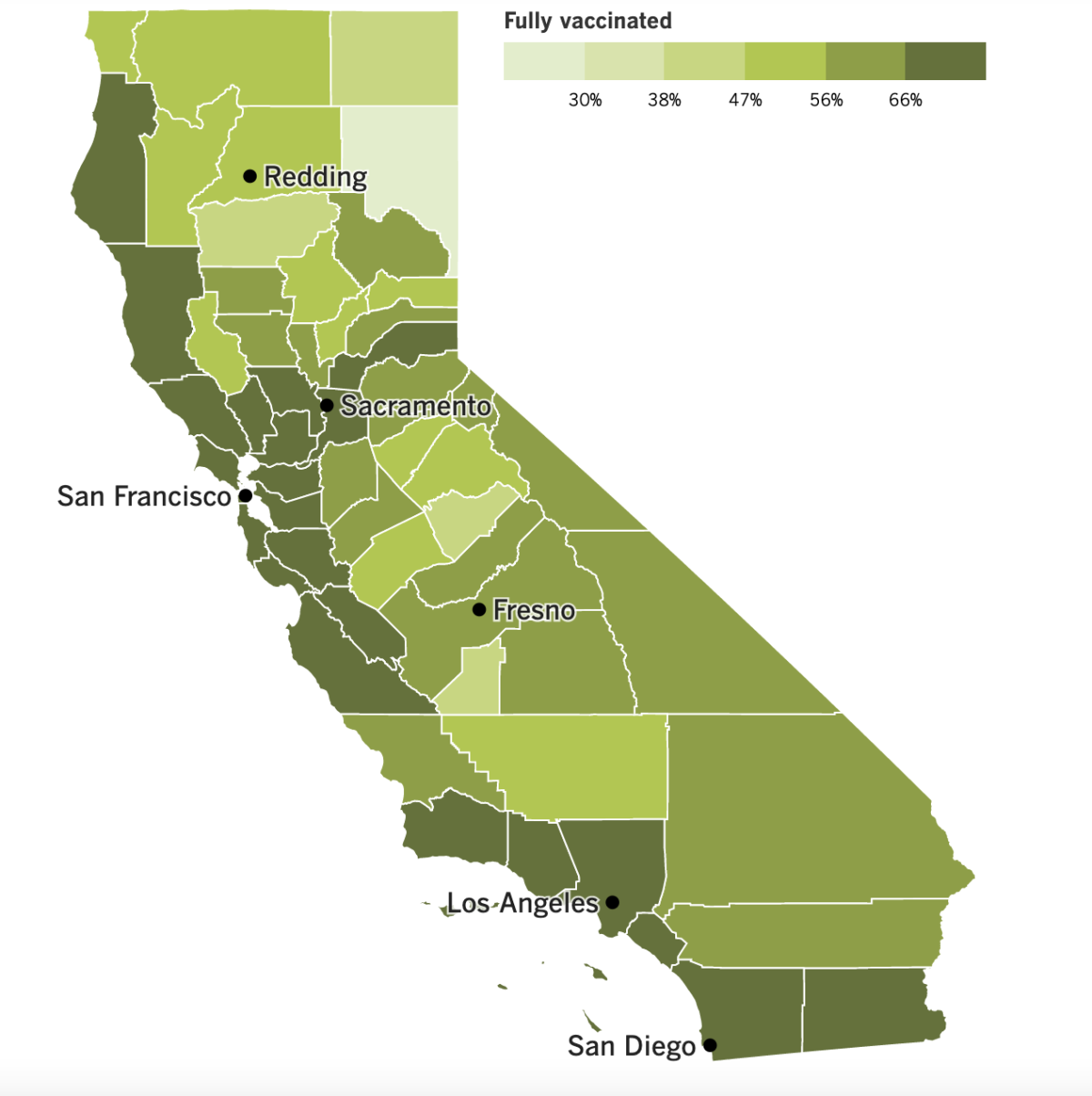 A map showing California's COVID-19 vaccination progress by county as of Aug. 16, 2022.