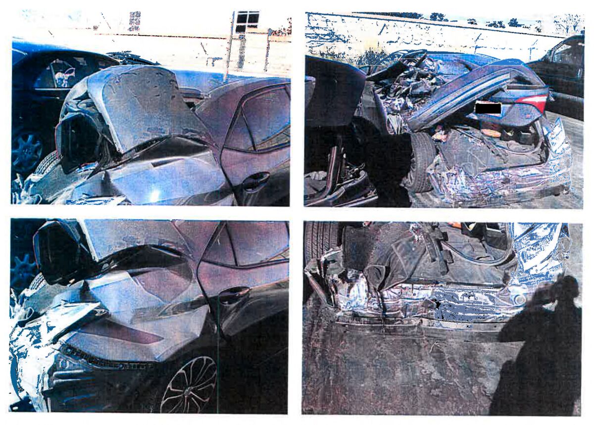Various images of a vehicle with extensive damage to the rear