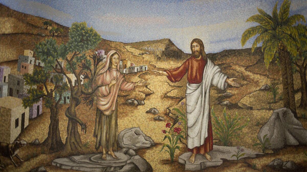 A mosaic of Mary Magdalene and Jesus at the Magdala Center in Migdal, Israel.