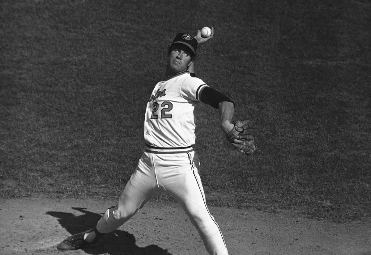Baltimore pitcher Jim Palmer delivers during a World Series game.