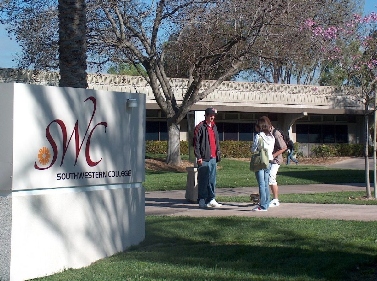 Southwestern College campus with the college sign and people on the sidewalks.