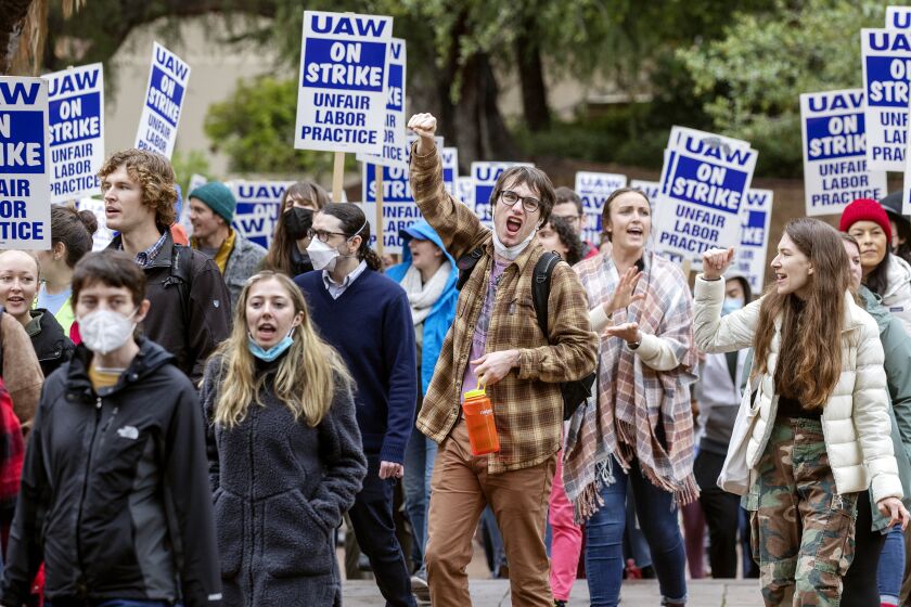 Graduate student workers on strike at UCLA, are joined by faculty