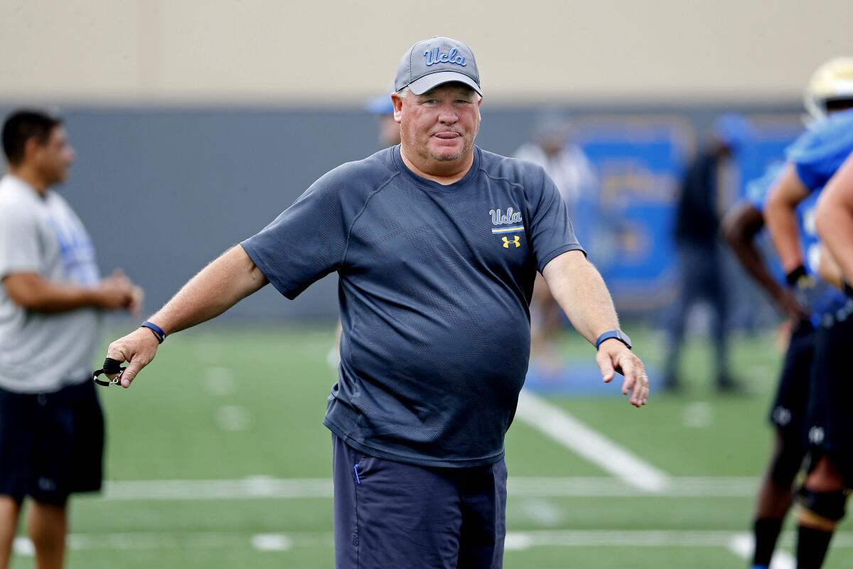 UCLA head coach Chip Kelly at fall football camp practice at the Wasserman Football Center on the campus of UCLA.
