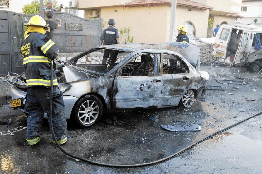 A vehicle in Kiryat Gat, Israel, was destroyed by a rocket fired by Palestinian militants in the Gaza Strip.