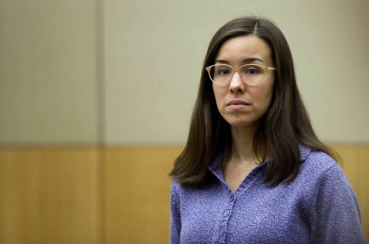 Jodi Arias stands for the jury during her sentencing retrial at Maricopa County Superior Court in Phoenix on Feb. 12.