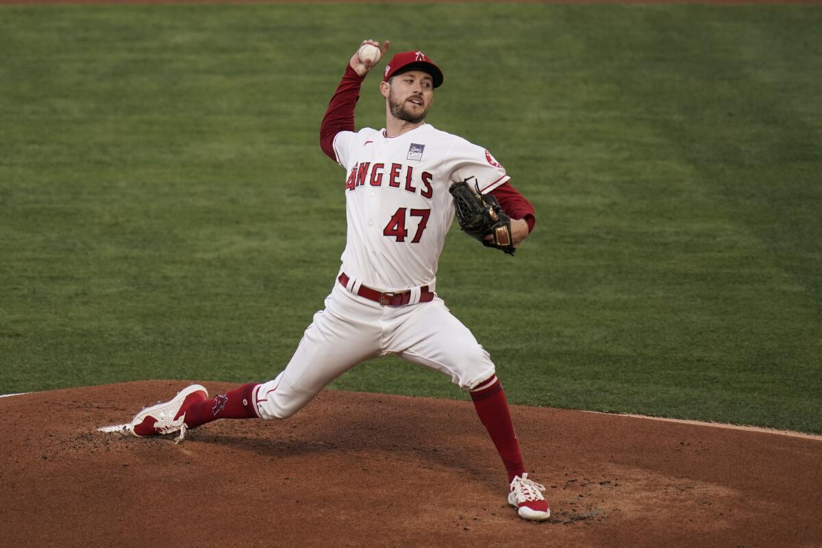 The Angels' Griffin Canning delivers a pitch June 3, 2021. 