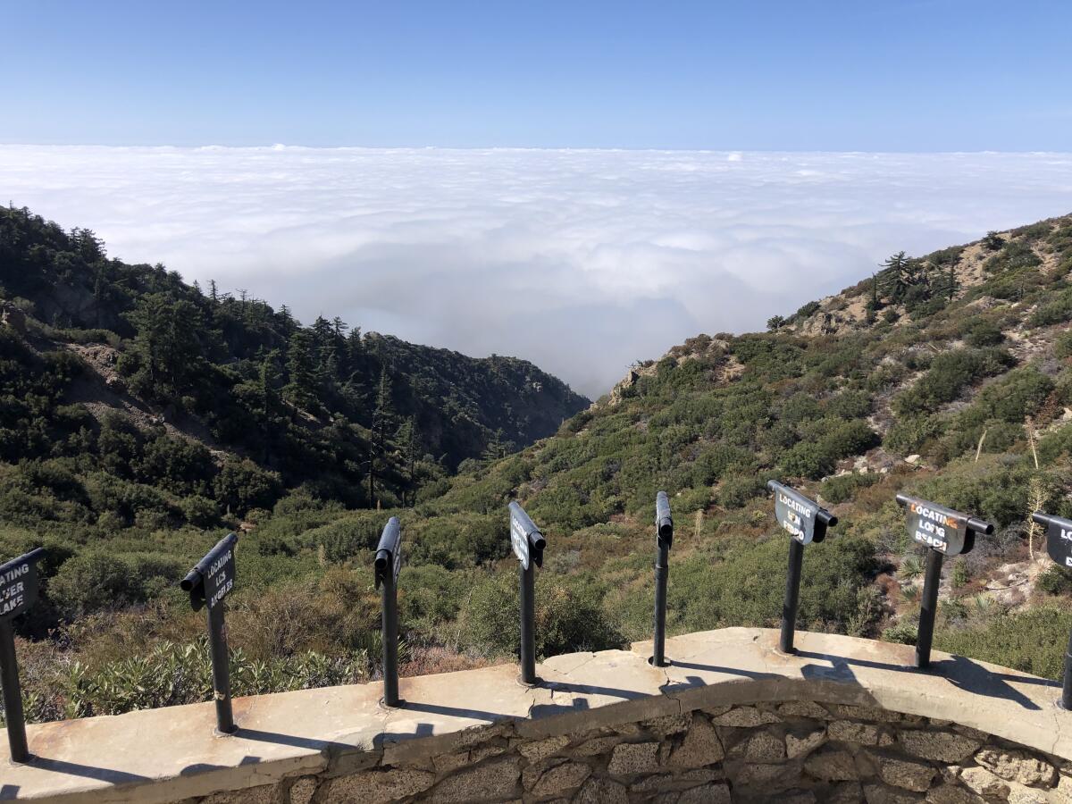 Photo of puffy clouds blocking the view from Inspiration Point above Altadena.