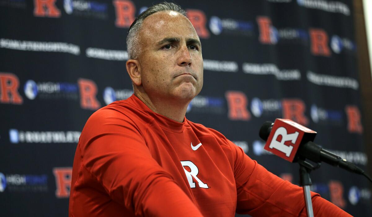 Rutgers head coach Kyle Flood listens to a question as he addresses the media aftera game on Sept. 5.