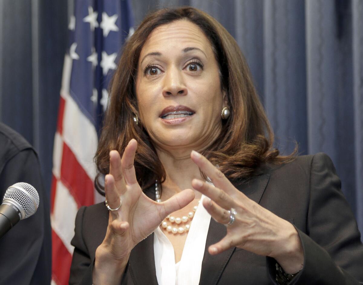 California Attorney General Kamala Harris speaks at a news conference in Los Angeles in September of 2015.