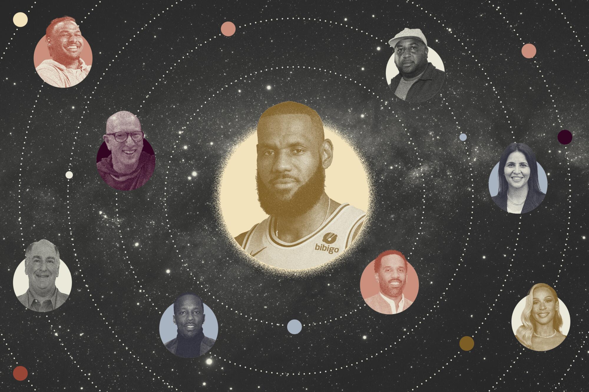 勒布朗·詹姆斯 (LeBron James) (中间) 被他的太阳系中的其他人包围