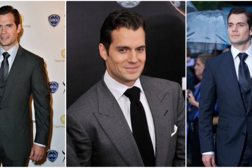 "Man of Steel" actor Henry Cavill is shown wearing an Ermenegildo Zegna suit at the Taormina Filmfest in Italy, left, and Tom Ford at premieres in New York, center, and London, right.