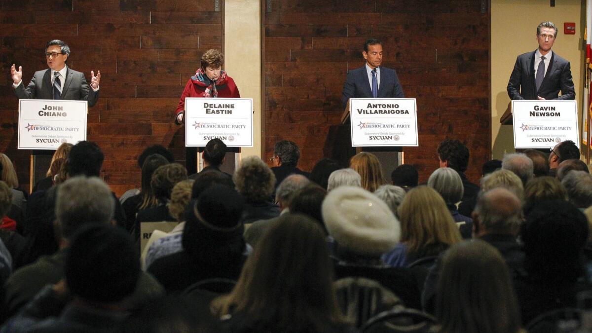 From left, John Chiang, Delaine Eastin, Antonio Villaraigosa and Gavin Newsom participate in the San Diego County Democratic Party's gubernatorial debate in February.