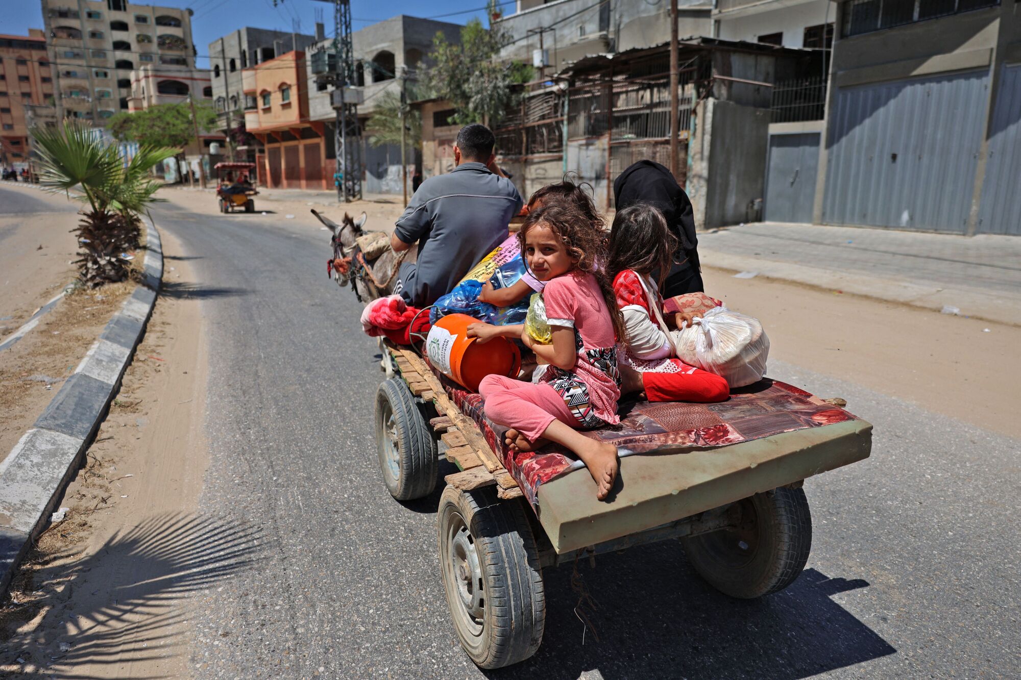 A Palestinian family flees on a cart pulled by a donkey.