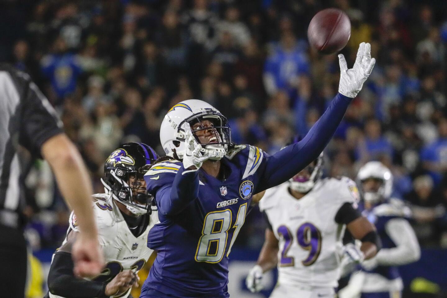 Chargers receiver Mike Williams can’t reach a pass from quarterback Philip Rivers during a fourth quarter drive at StubHub Center.